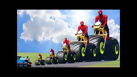 Big & Small Spiderman on a motorcycle with Monster Truck Wheels vs Thomas Train | BeamNG.Drive