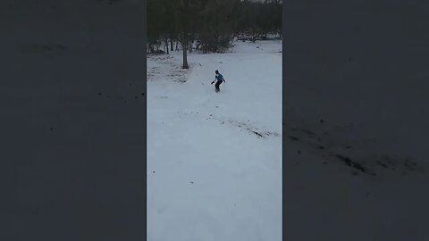Dog chasing snowboarder