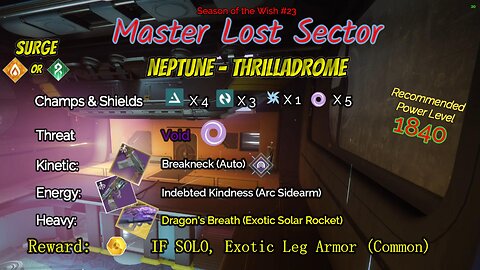 Destiny 2 Master Lost Sector: Neptune - Thrilladrome on my Arc Warlock 4-25-24