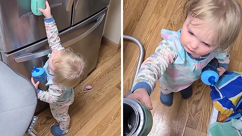 Toddler Instantly Regrets Using Water Dispenser