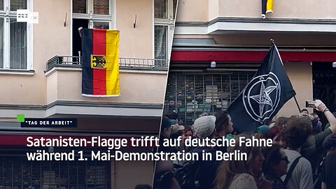 Satanisten-Flagge trifft auf deutsche Fahne während 1. Mai-Demonstration in Berlin