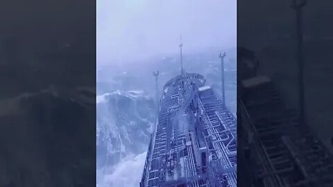 Ship navigates through massive waves in Atlantic Ocean