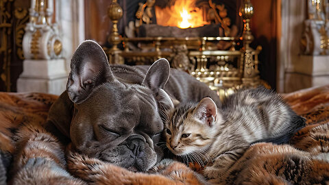 Cozy Castle Nights: French Bulldog and Kitty Snuggle by the Fireplace| | Asmr Animal Ambience 🌙