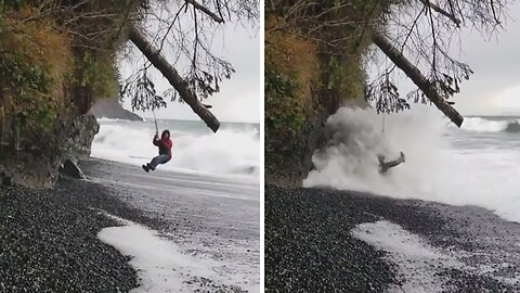 Woman On Swing Gets Totally Slammed By Massive Wave