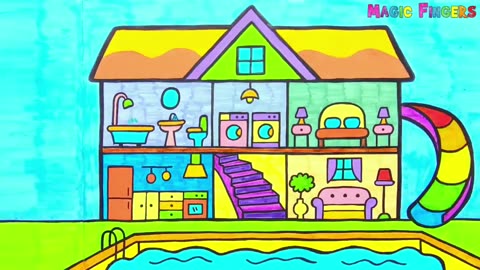 Cutaway house drawing, painting, Coloring, for kids and toddlers/learn rooms and furnitures