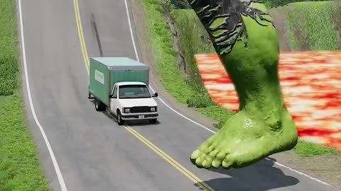 Hulks foot kick crush weird cars and motorcycles going down hill