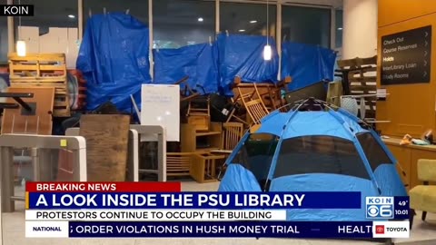 Footage shows inside of the far-left occupation of the Portland library
