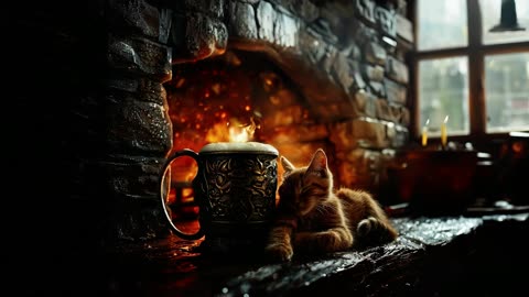 Sleeping Kitty In A Cozy Tavern 🐈 | Asmr Animal Ambience 🐱✨ Crackling Fire | Sleep 🌙