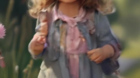 cute girl age 5 years with sweet cat, walking at the nature, ai animation