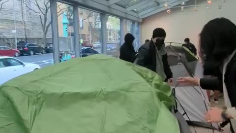 Pro-Palestinian protestors are setting up tents at the Lincoln Center campus building in NYC