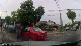 Guy stops car to help blind man cross the street