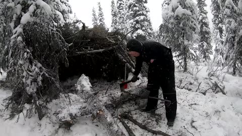 Winter Survival Camping with 4 yr old in Alaska - Primitive Survival Shelter