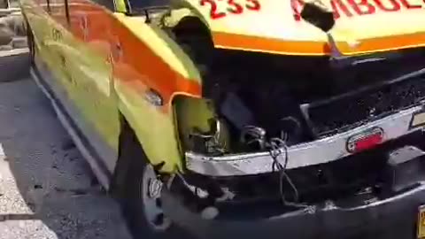 The damaged MDA ambulance in the rocket attack on Kiryat Shmona.