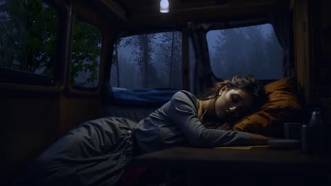 A young woman sleeping in her camper