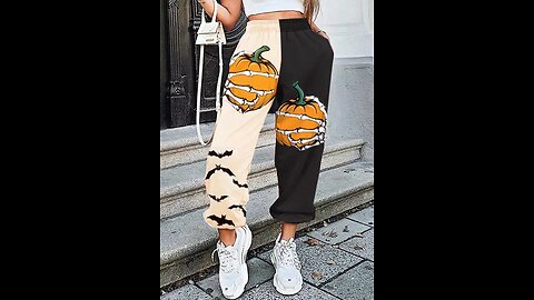 Halloween Pumpkin Bat Skeleton Hand Color Block Elastic Waist Sweatpants for Women