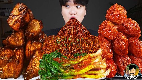 ASMR MUKBANG | Fried Chicken, steak, black bean noodles, kimchi Korean Food recipe ! eating