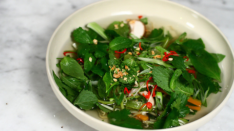 Low calorie Vietnamese spicy pho with courgette noodles