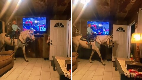 Boy Nonchalantly Rides Horse Through The House