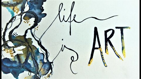 Life is ART, abstract experimental painting with strings, Fadenbild abtrakte Malerei