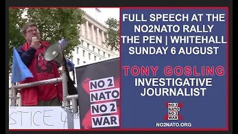 A Brief History of NATO, Tony Gosling opposite Downing St., London at NO2NATO peace rally 06Aug23