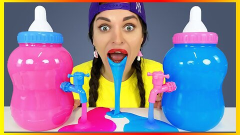 🍭🎉 Pink & Blue Jelly Candy Party Mukbang with Big Bottle Candy Drink by HUBABOOM 🥤🍬