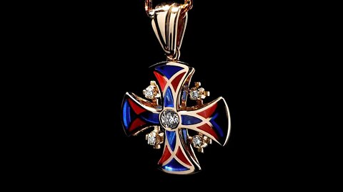 14K Gold Jerusalem Cross Necklace Stained glass enamel and Diamonds