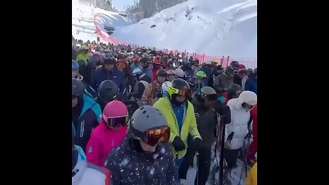 Traffic jam of skiers in Russia