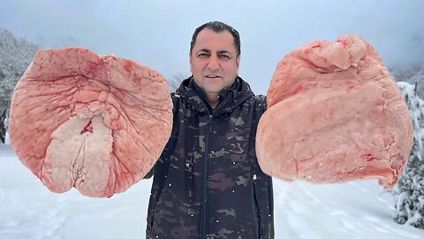 Mutton Fat and Juicy Kebab! Beautiful Snowfall in the Village of Azerbaijan