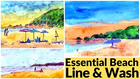 Line and Wash Sketching Series | BEACH Watercolor Painting Tutorial [4 paintings!]