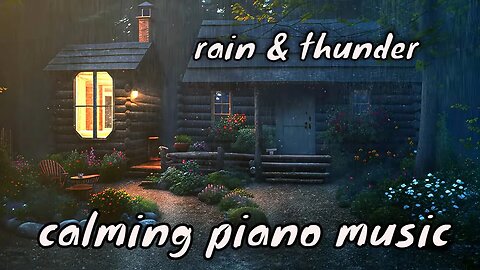 cozy cabin in the woods with heavy rain and thunder sound - calming piano music