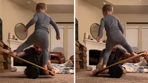 Dad Helps Prep Son's Balance For Future Extreme Sports