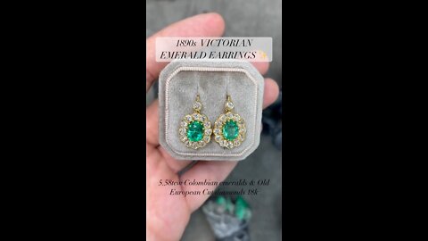 5.58CT VICTORIAN OVAL EMERALD AND OLD EUROPEAN ROUND DANGLE HALO EARRINGS 1890s