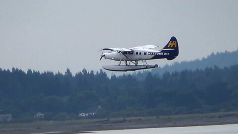 Harbour Air Seaplanes Taking Off in Nanaimo Harbour Water Airport Seen From Protection Island, BC
