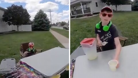 Dude on motorcycle stops at kid's lemonade stand