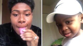 Mom pranks toddler with fake tongue