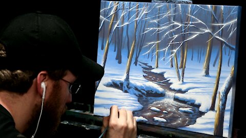 Acrylic Landscape Painting of a Winter Waterfall and Forest - Time-lapse - Artist Timothy Stanford