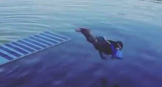 Diving fail: Little boy belly flops in a river