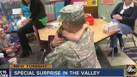 Soldier surprises daughter, comes home for holiday week