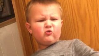 Boy extremely annoyed by mom's fake poo joke