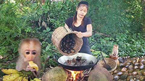 So Cute Baby Monkey! Catching River Snails & Cooking for jungle Yummy Food