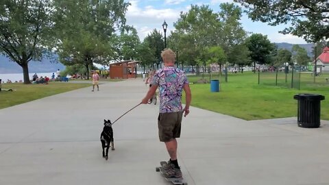 Kelowna City Park Boardwalk - Puppy dog pulls Skater