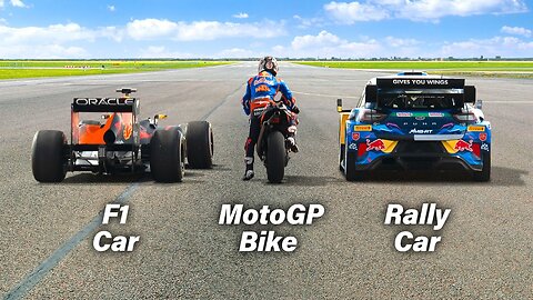 F1 Car vs MotoGP Bike vs Rally Car- Ultimate Drag Race!