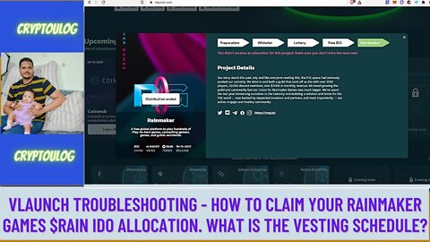 Vlaunch Troubleshooting - How To Claim Your Rainmaker Games $RAIN IDO Allocation. Vesting Schedule?