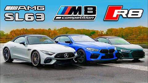 New AMG SL 63 v BMW M8 v Audi R8: DRAG RACE