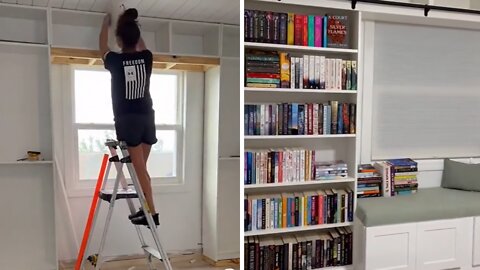 Times lapse captures construction of home library with ladder