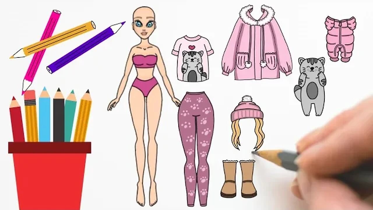 COMO DESENHAR BONECA DE PAPEL INVERNO+ROUPAS+GATO+ ROUPA PET #bonecadepapel  #paperdolls 