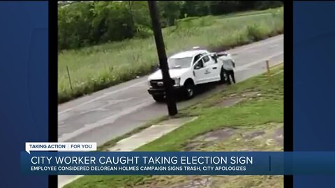 Detroit city worker caught taking election sign