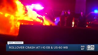 Rollover crash erupts in flames on US-60 to I-10 ramp
