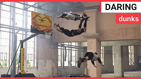 Stuntmen perform flips and basketball dunks in an abandoned playground