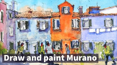 Line and Wash Watercolor Tutorial for Beginners | Colorful Murano Houses